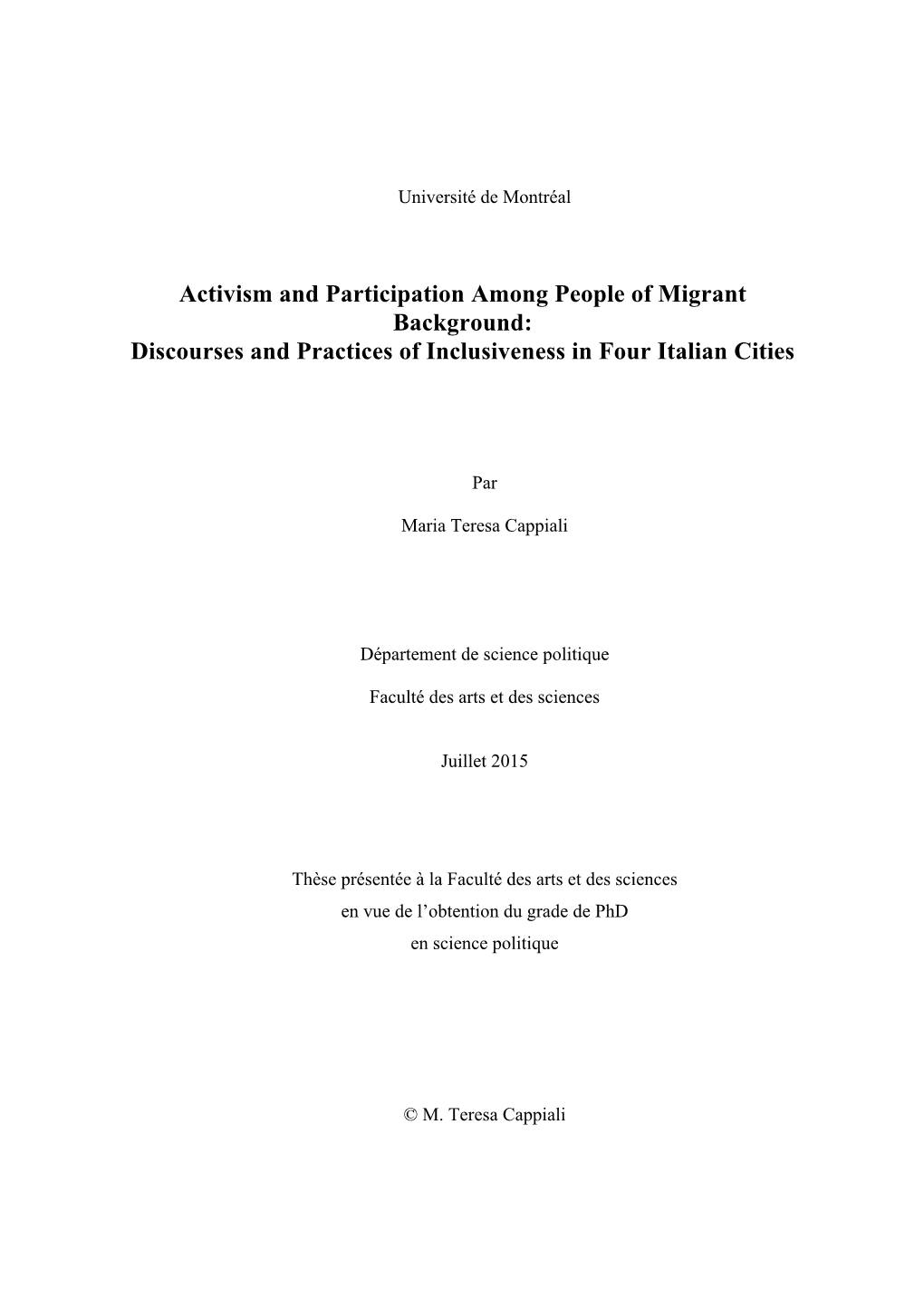 Activism and Participation Among People of Migrant Background: Discourses and Practices of Inclusiveness in Four Italian Cities