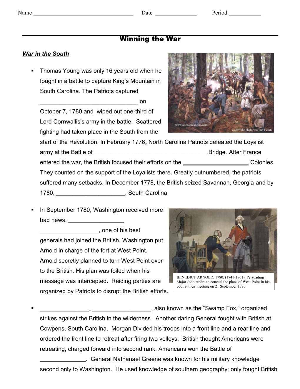 Southern Colonies Student Notes Page