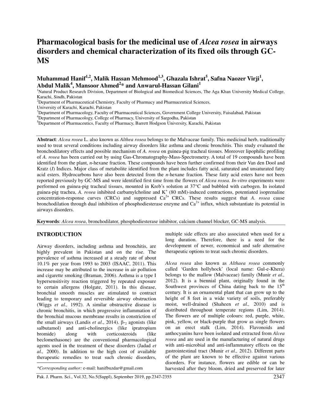 Pharmacological Basis for the Medicinal Use of Alcea Rosea in Airways Disorders and Chemical Characterization of Its Fixed Oils Through GC- MS