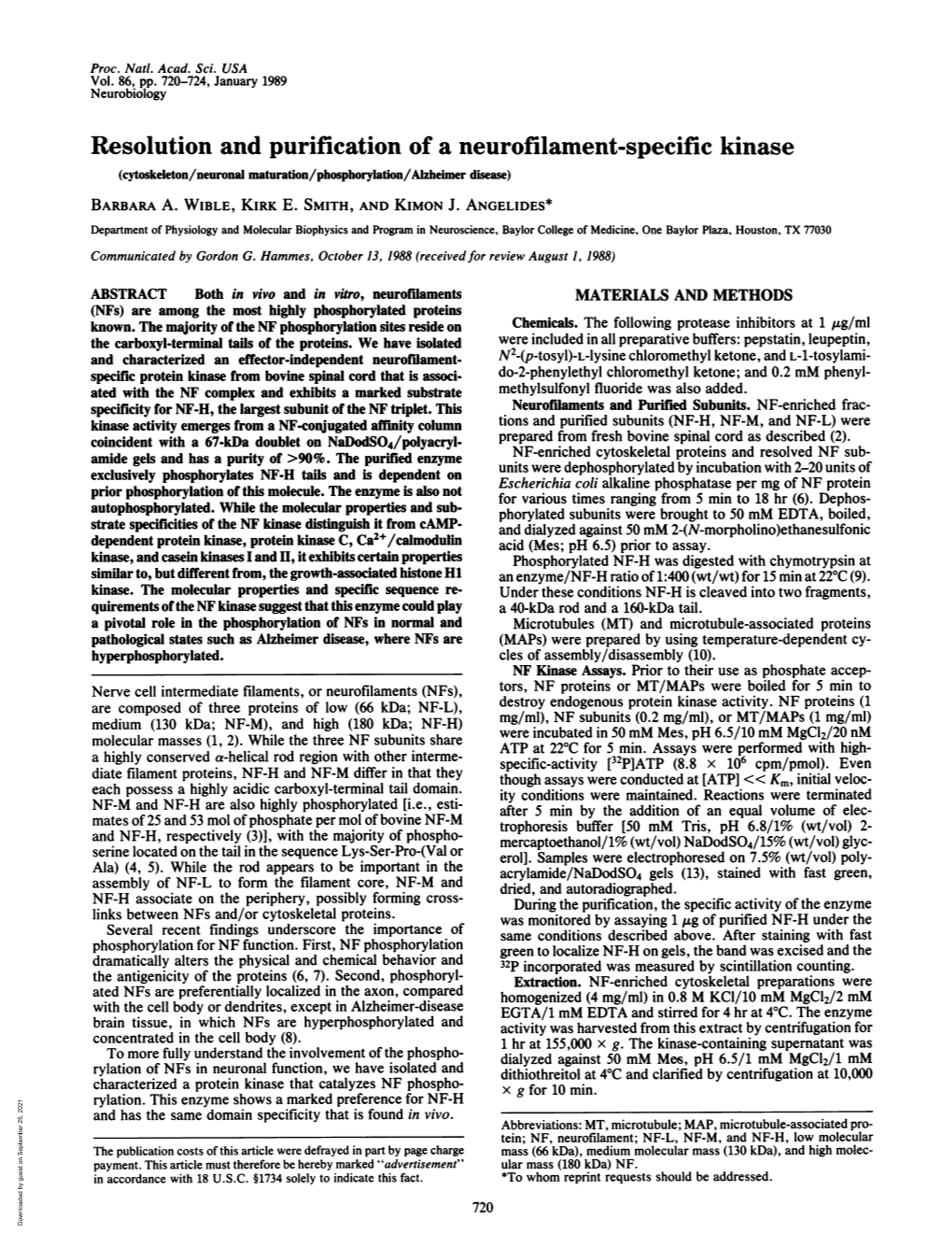 Resolution and Purification of a Neurofilament-Specific Kinase (Cytoskeleton/Neuronal Maturation/Phosphorylation/Alzheimer Disease) BARBARA A