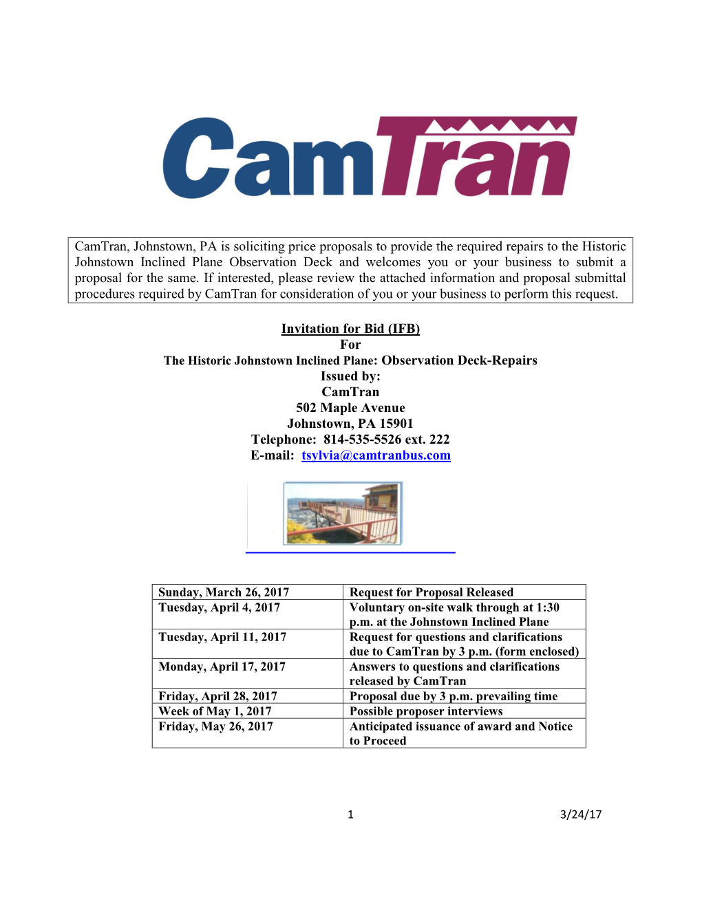 Camtran, Johnstown, PA Is Soliciting Price Proposals to Provide The