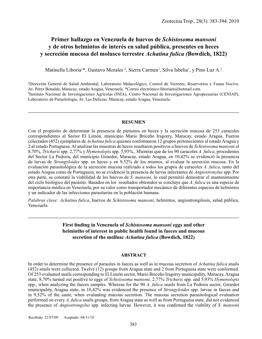 Primer Hallazgo En Venezuela De Huevos De Schistosoma Mansoni Y