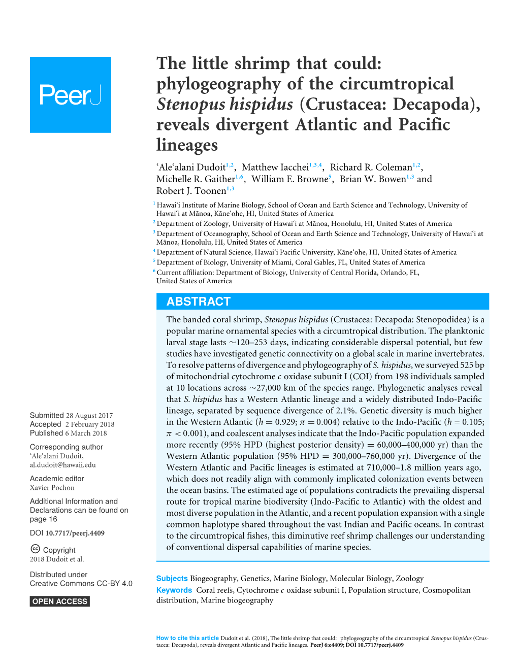 Phylogeography of the Circumtropical Stenopus Hispidus