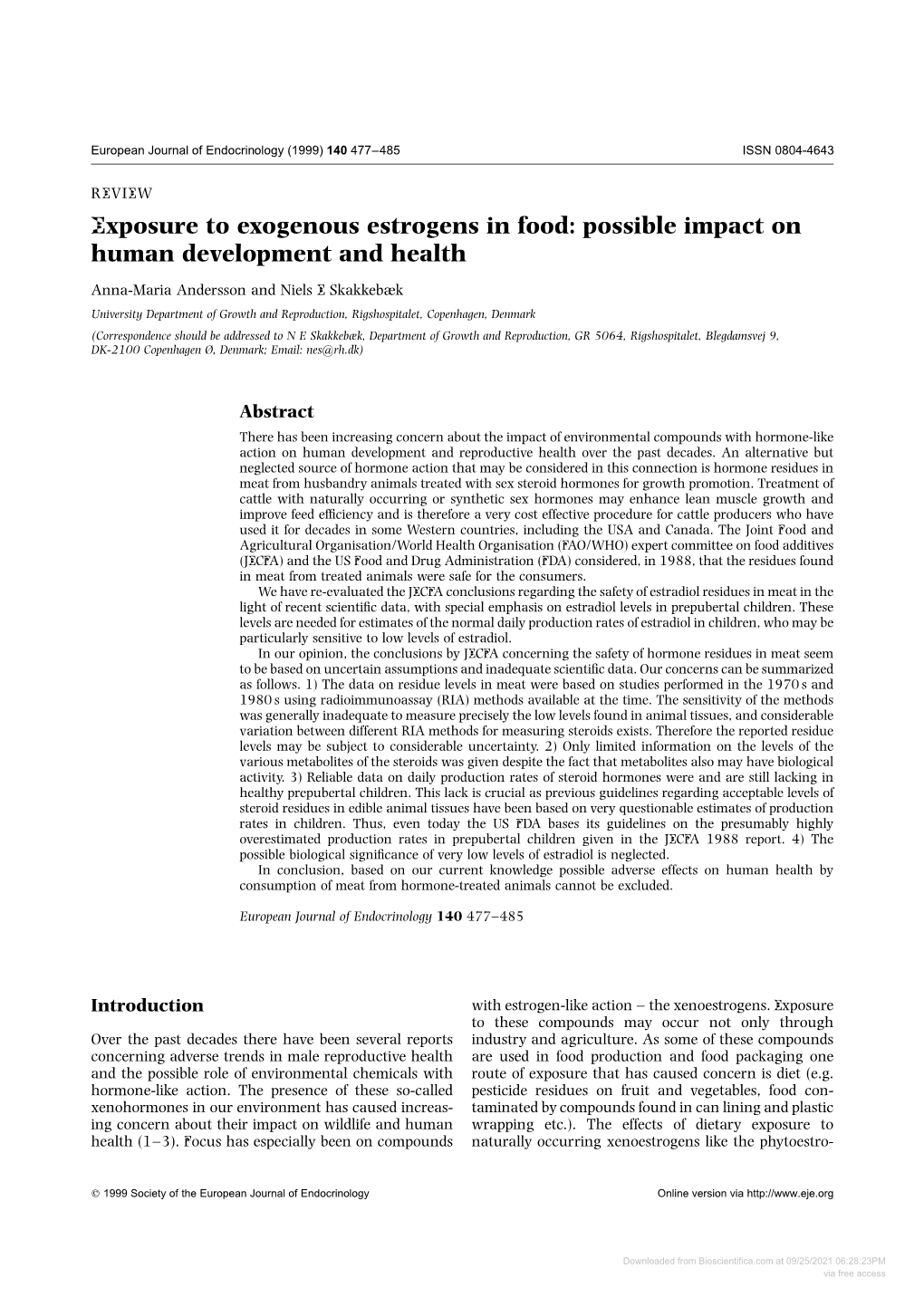 Exposure to Exogenous Estrogens in Food: Possible Impact on Human Development and Health
