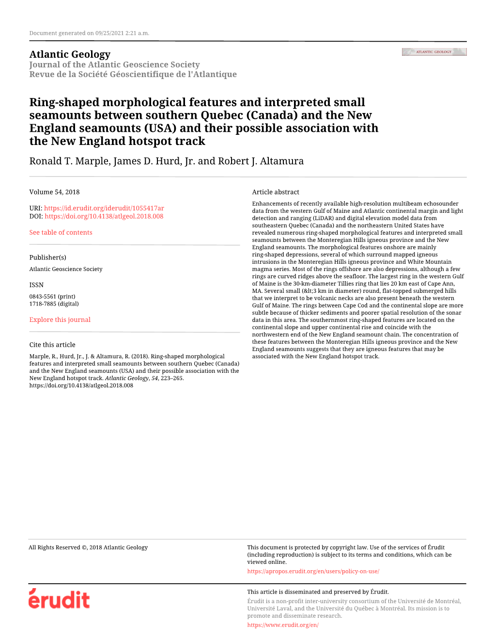 Ring-Shaped Morphological Features and Interpreted Small Seamounts Between Southern Quebec