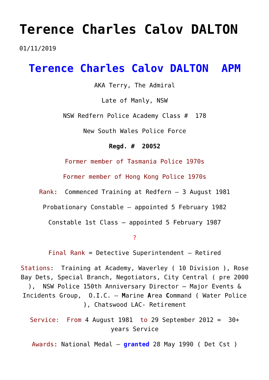 Terence Charles Calov DALTON,Russell Joseph PERKINS