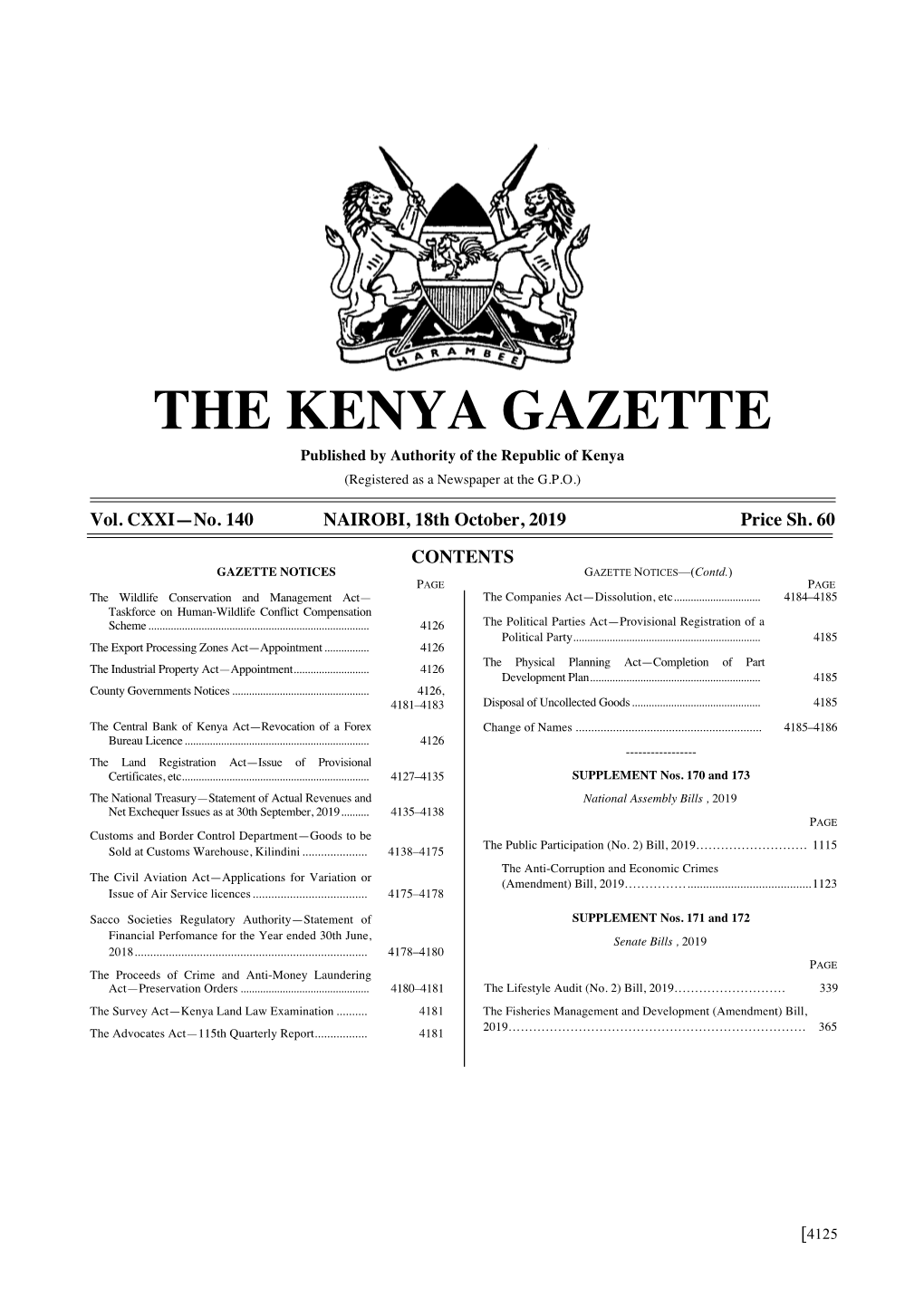 THE KENYA GAZETTE Published by Authority of the Republic of Kenya (Registered As a Newspaper at the G.P.O.)