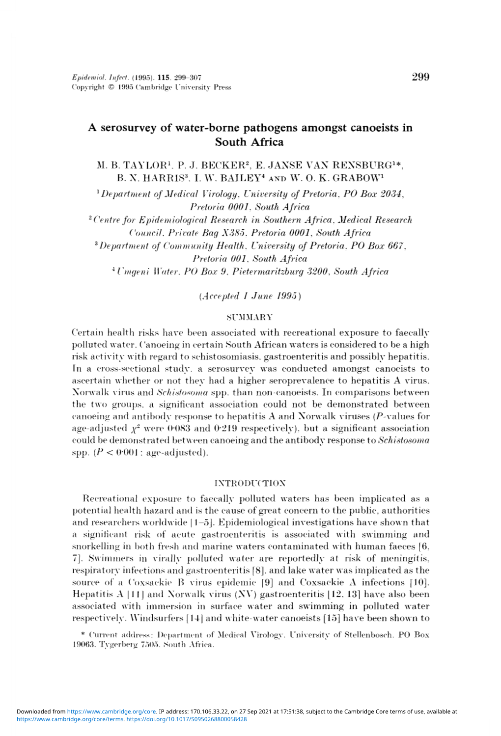 A Serosurvey of Water-Borne Pathogens Amongst Canoeists in South Africa M