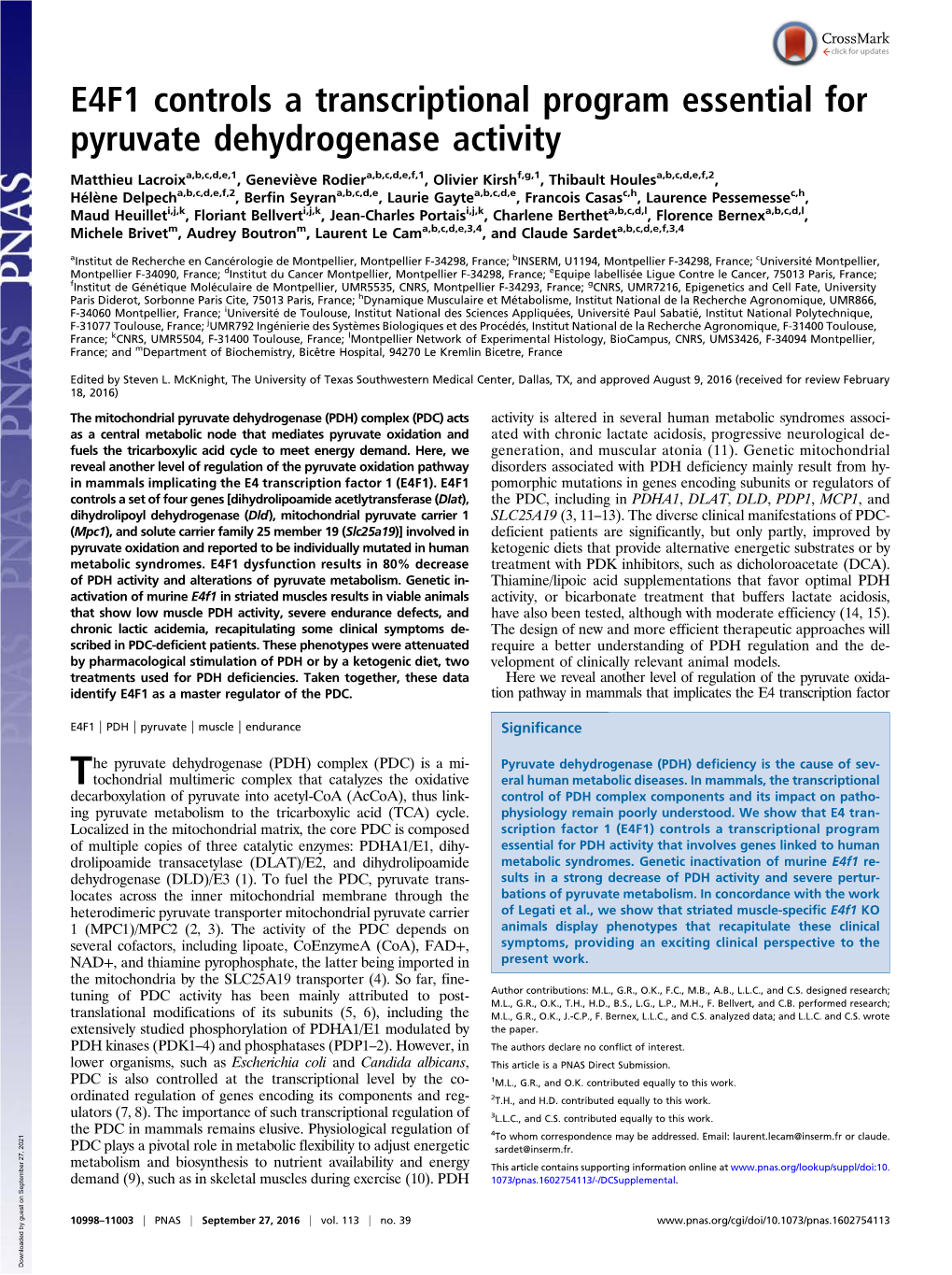 E4F1 Controls a Transcriptional Program Essential for Pyruvate Dehydrogenase Activity