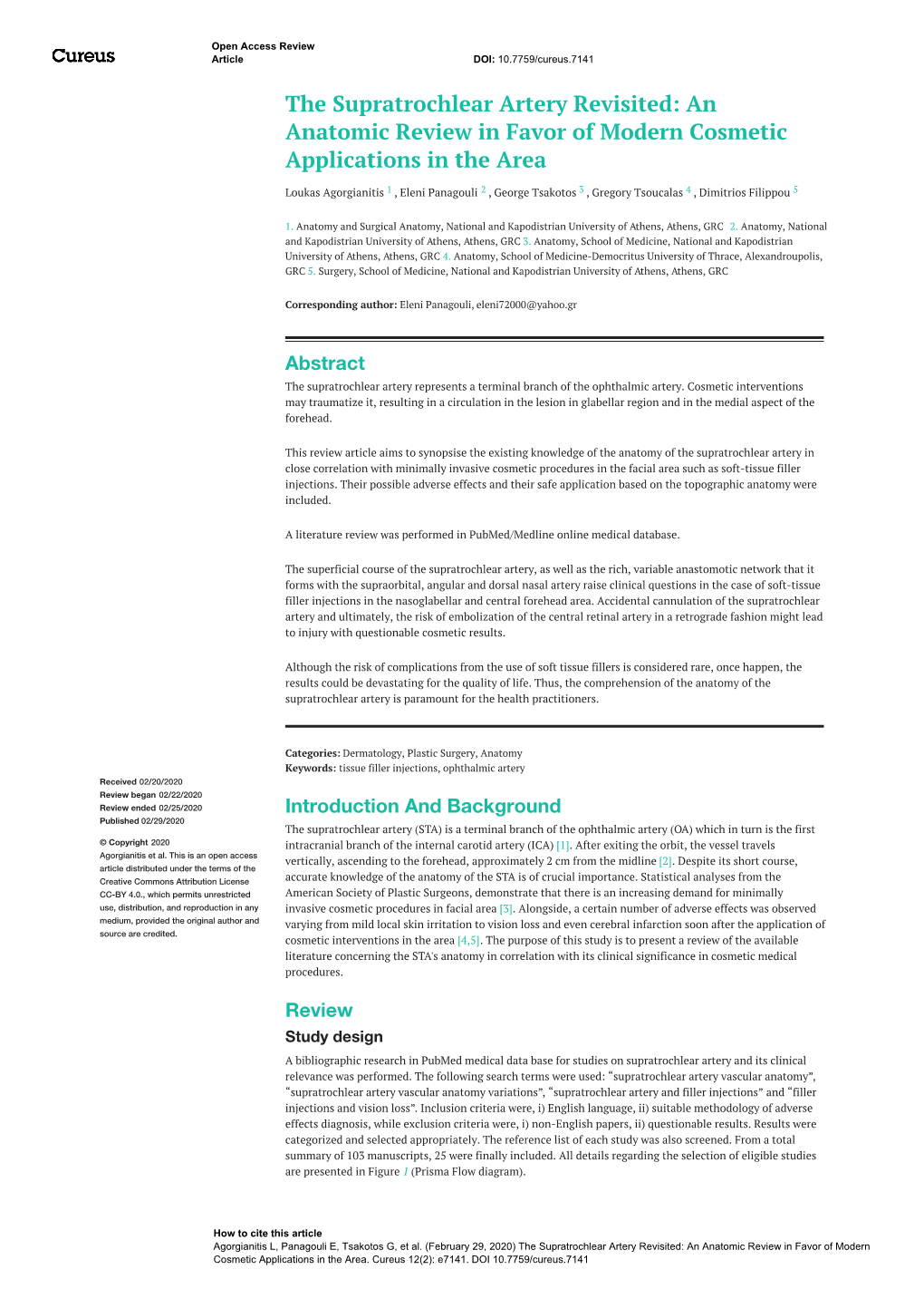 The Supratrochlear Artery Revisited: an Anatomic Review in Favor of Modern Cosmetic Applications in the Area