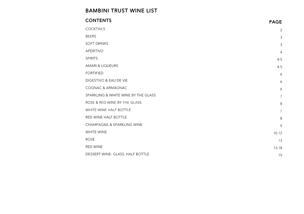 Bambini Trust Wine List