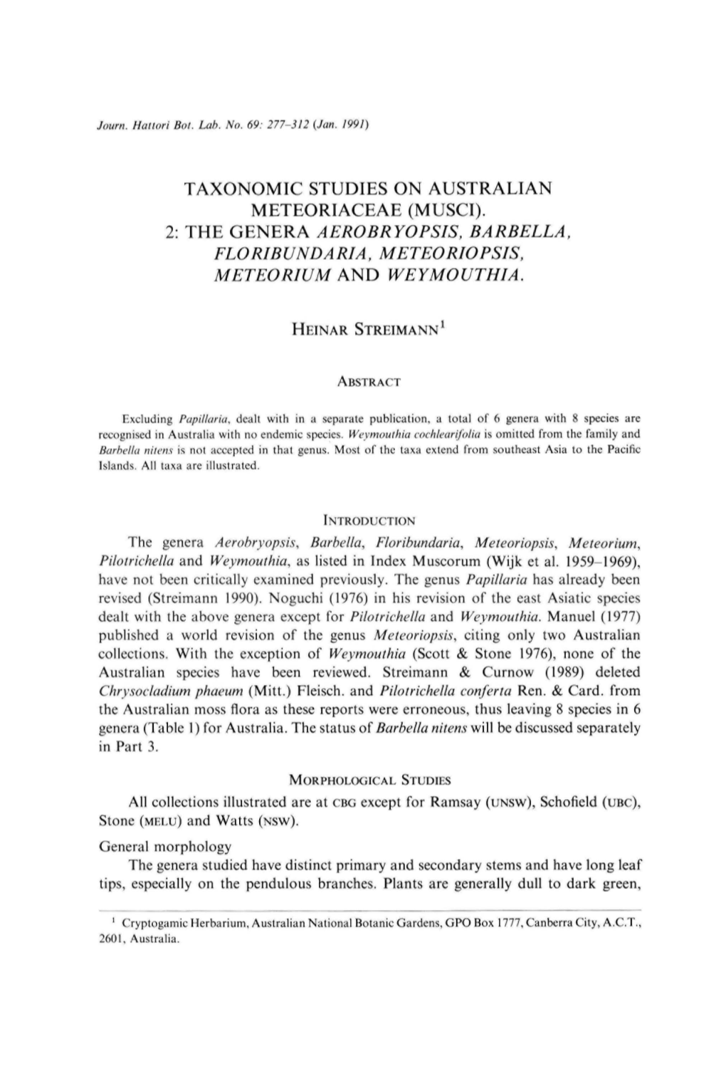 Taxonomic Studies on Australian Meteoriaceae (Musci). 2: the Genera Aerobryopsis, Barbella, Floribundaria, Meteoriopsis, Meteorium and Weymouthia