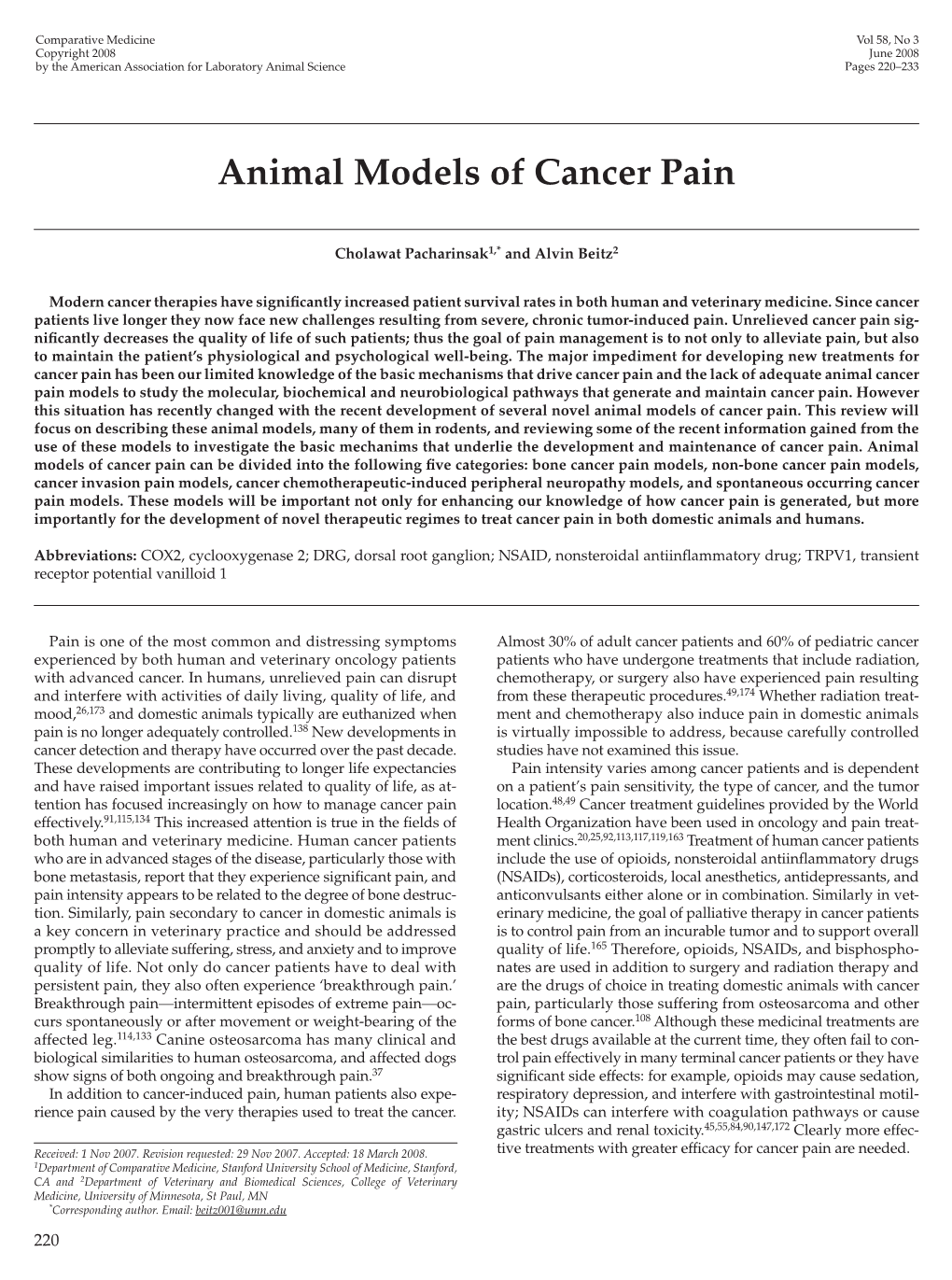 Animal Models of Cancer Pain