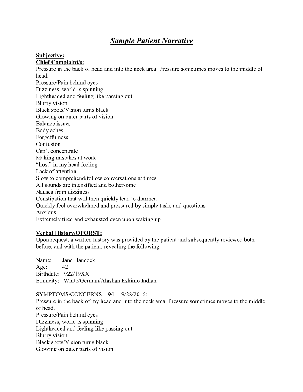 Sample Patient Narrative