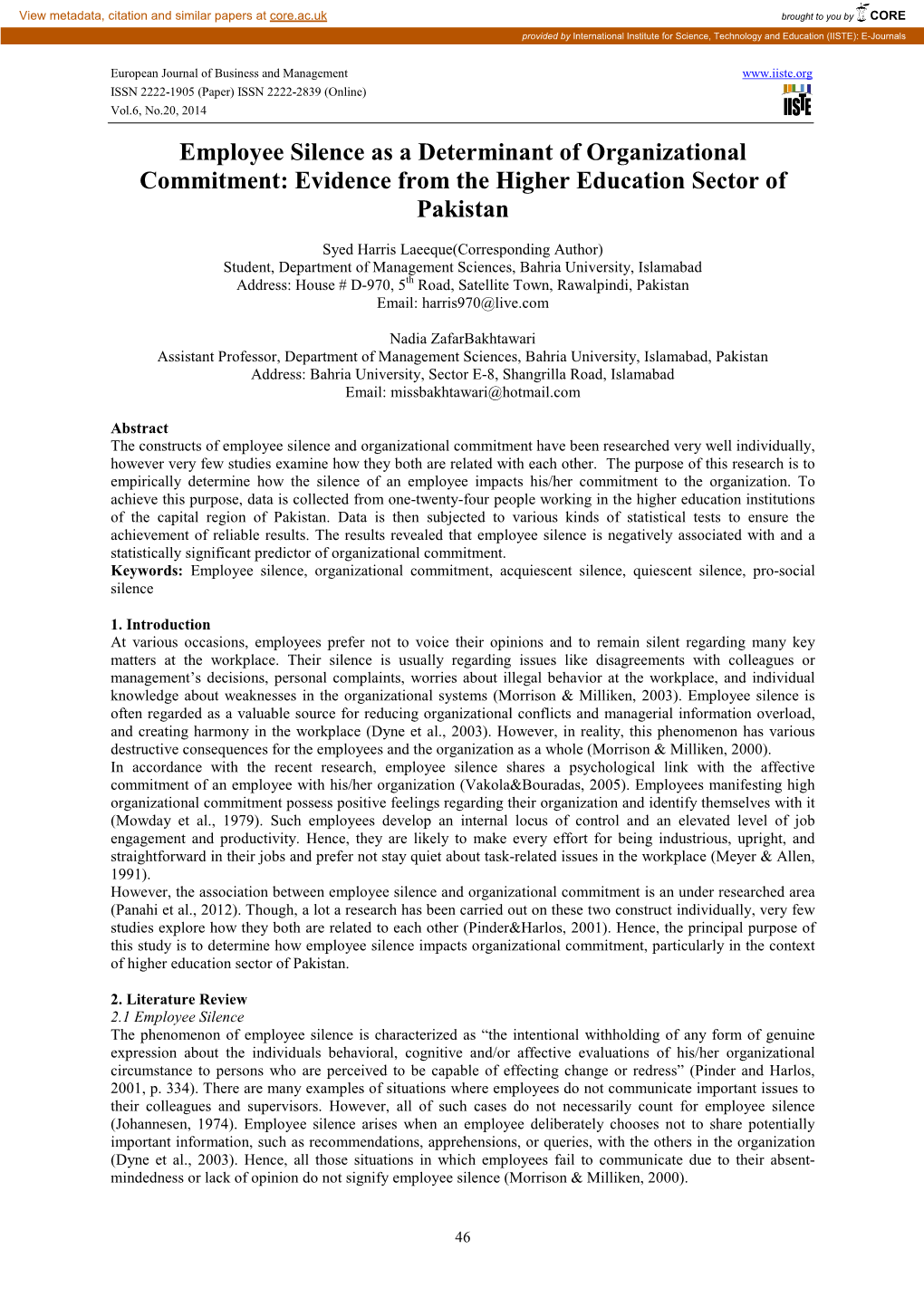 Employee Silence As a Determinant of Organizational Commitment: Evidence from the Higher Education Sector of Pakistan