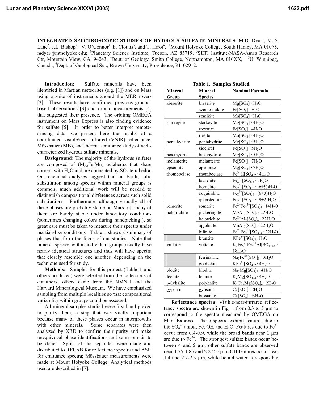 Integrated Spectroscopic Studies of Hydrous Sulfate Minerals