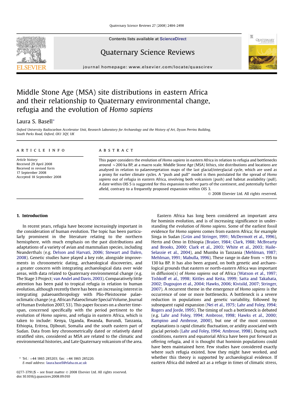 MSA) Site Distributions in Eastern Africa and Their Relationship to Quaternary Environmental Change, Refugia and the Evolution of Homo Sapiens