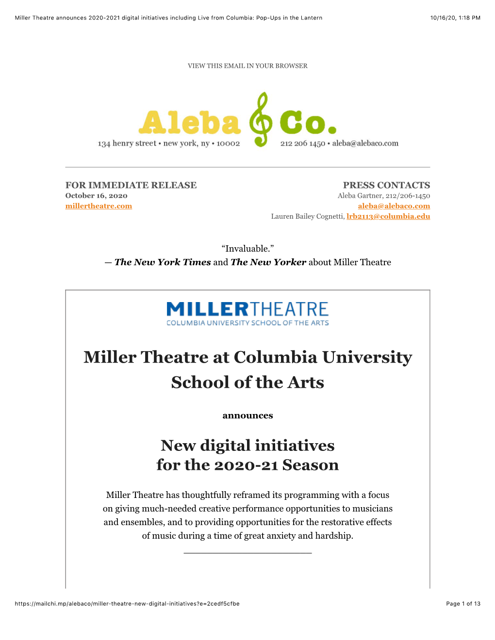 Miller Theatre Announces 2020-2021 Digital Initiatives Including Live from Columbia: Pop-Ups in the Lantern 10/16/20, 1(18 PM