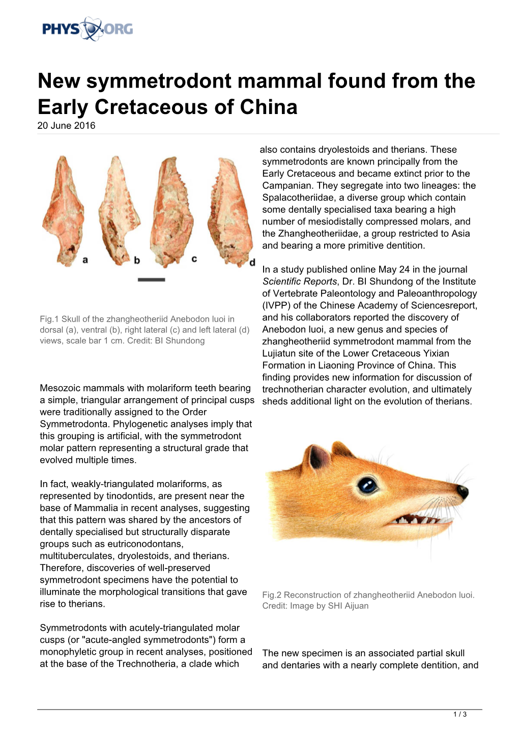 New Symmetrodont Mammal Found from the Early Cretaceous of China 20 June 2016