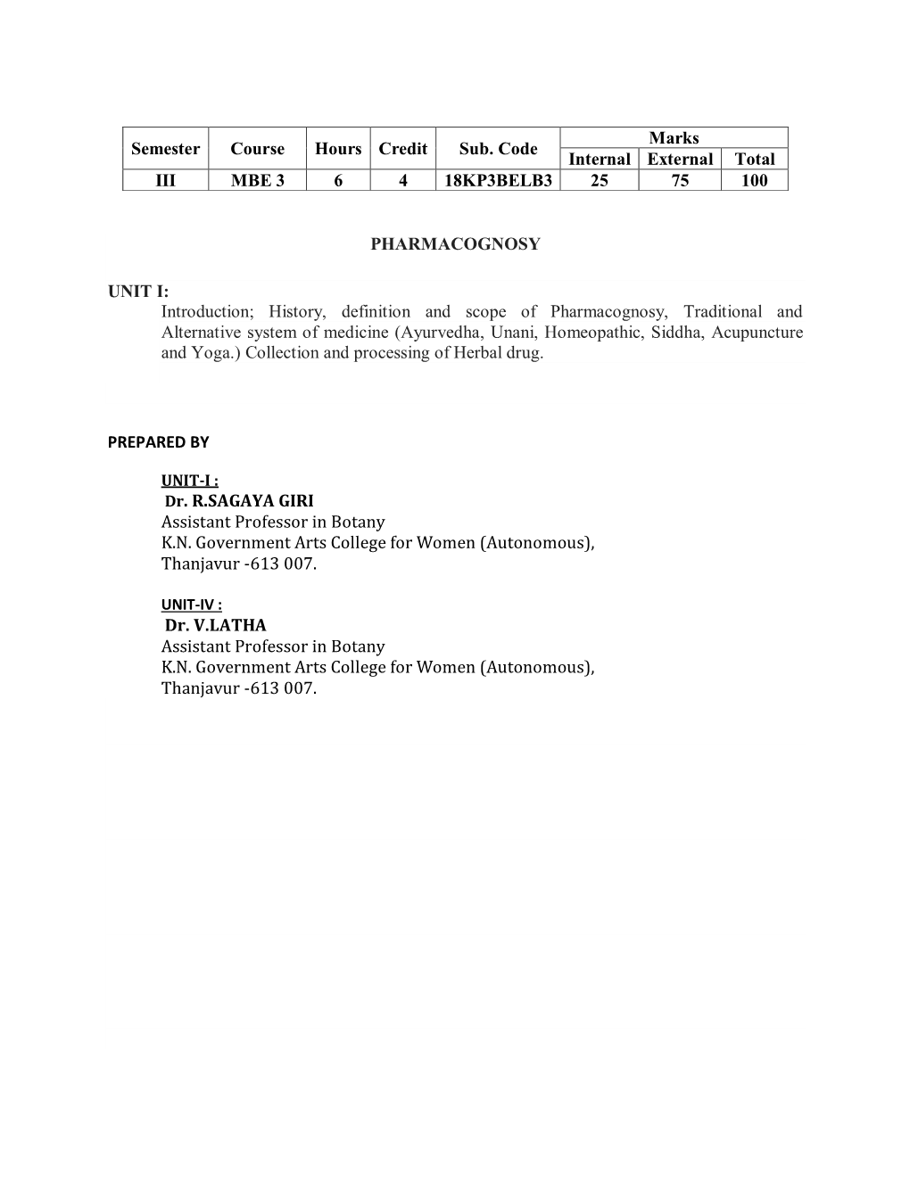 Pharmacognosy Unit I