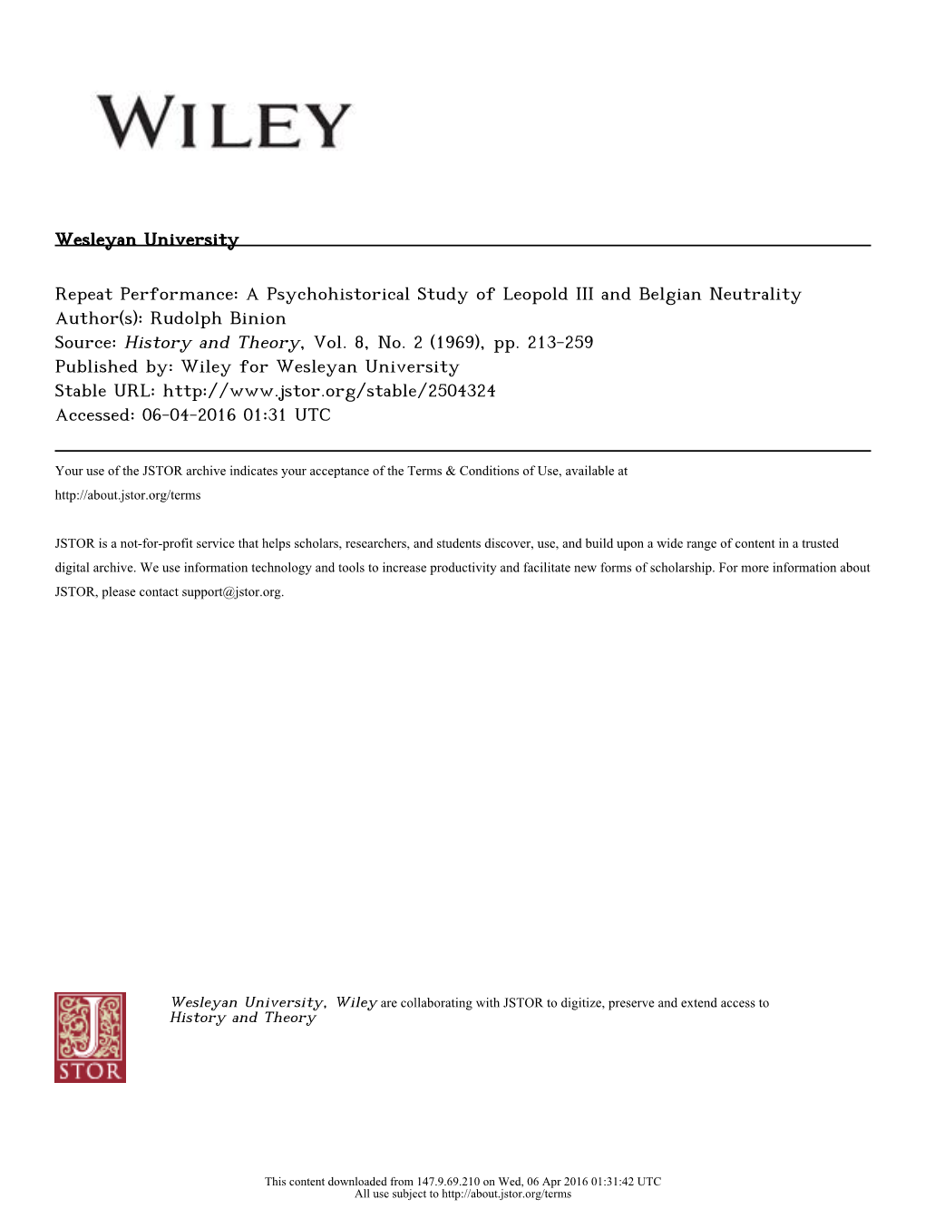 A Psychohistorical Study of Leopold III and Belgian Neutrality Author(S): Rudolph Binion Source: History and Theory, Vol