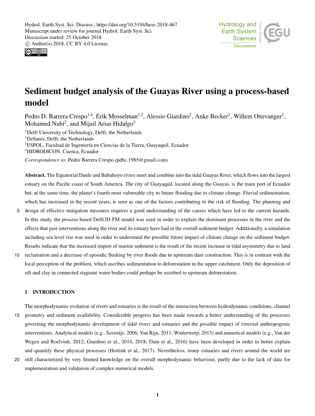 Sediment Budget Analysis of the Guayas River Using a Process-Based Model Pedro D