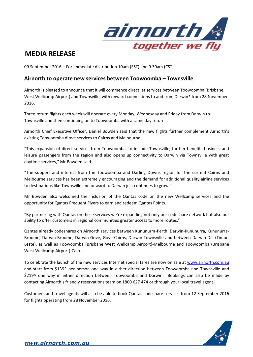 Media Release – Airnorth to Commence Toowoomba-Townsville