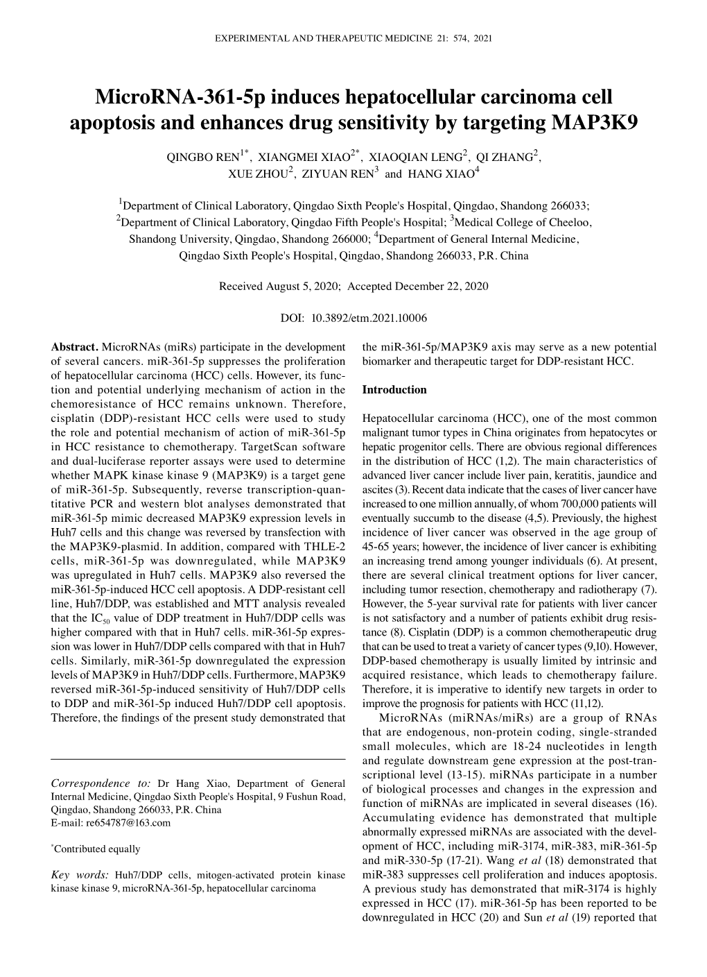 Microrna‑361‑5P Induces Hepatocellular Carcinoma Cell Apoptosis and Enhances Drug Sensitivity by Targeting MAP3K9