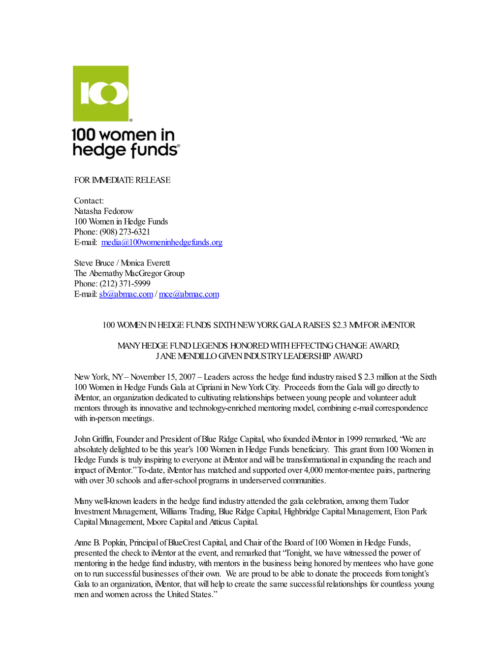 100 Women in Hedge Funds Fourth Annual Gala Raises $2
