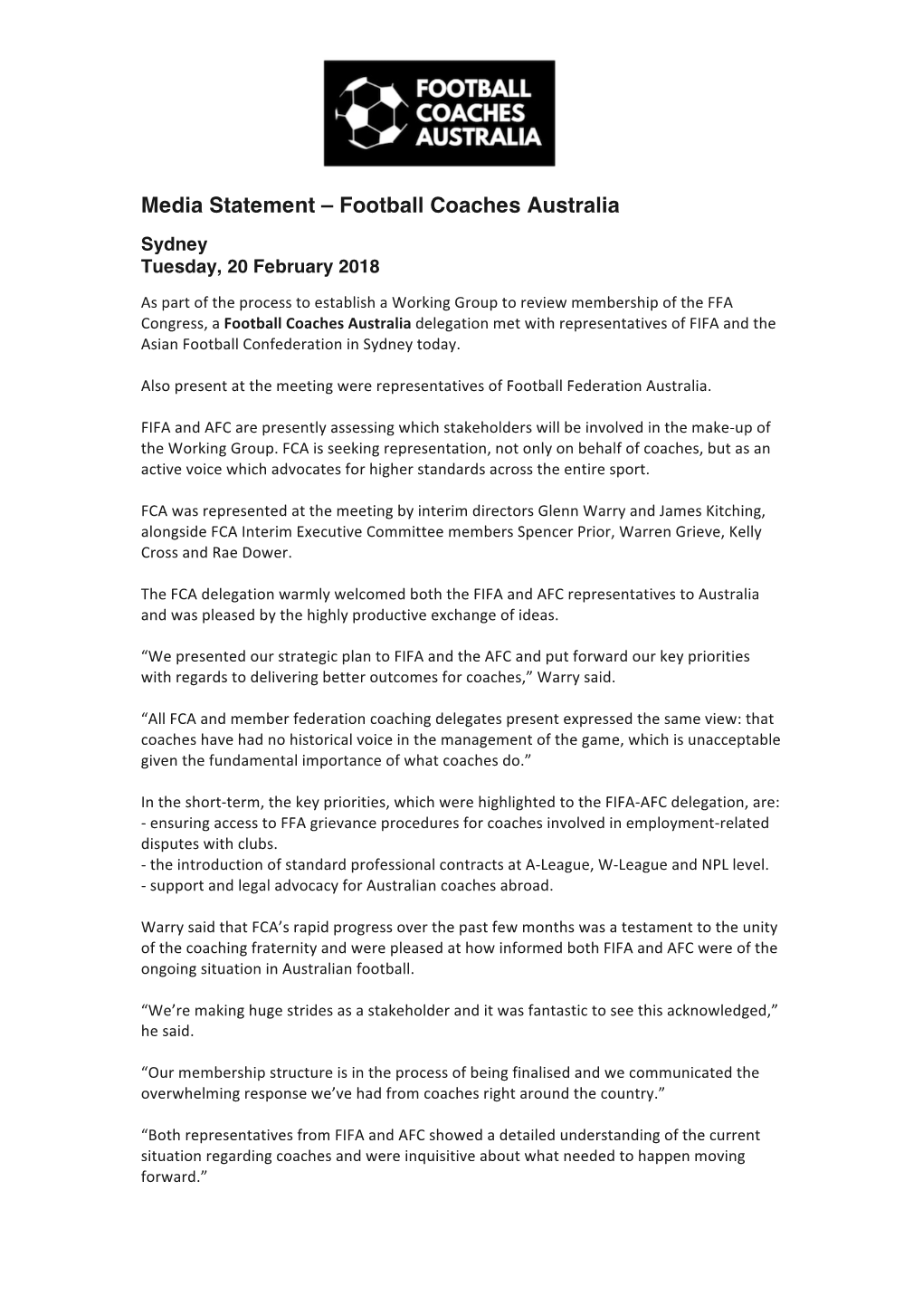 Media Statement – Football Coaches Australia