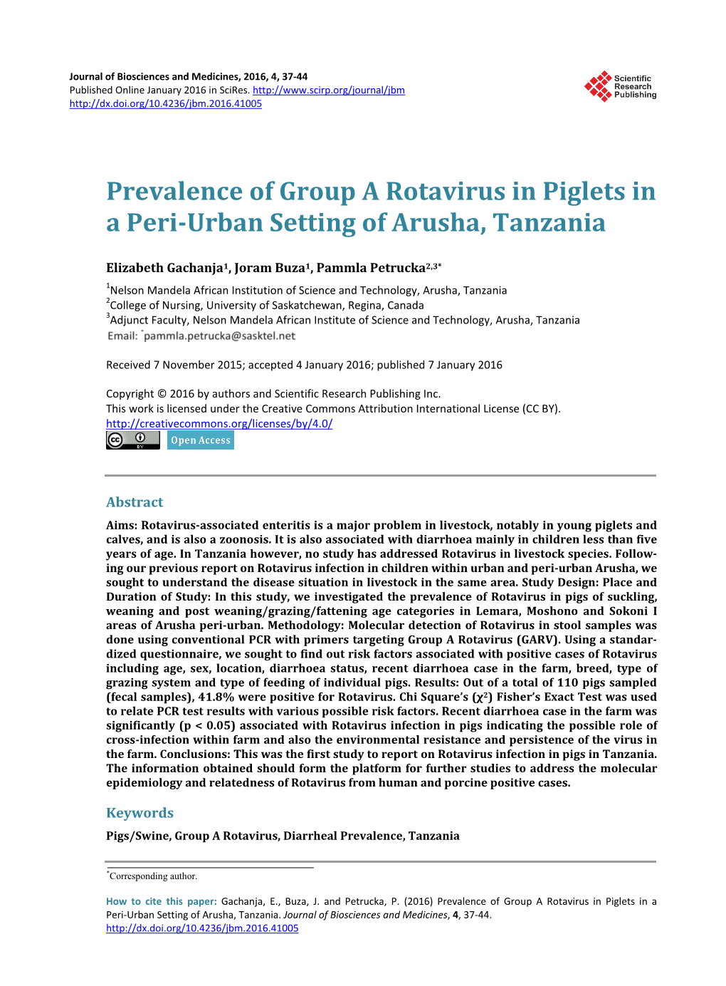 Prevalence of Group a Rotavirus in Piglets in a Peri-Urban Setting of Arusha, Tanzania