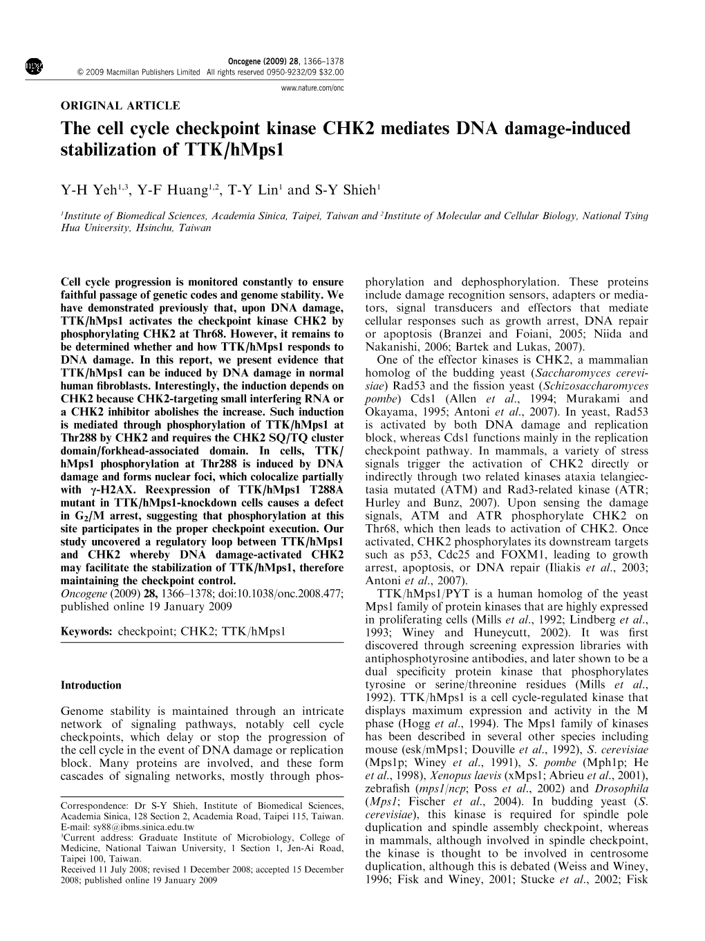 The Cell Cycle Checkpoint Kinase CHK2 Mediates DNA Damage-Induced Stabilization of TTK/Hmps1