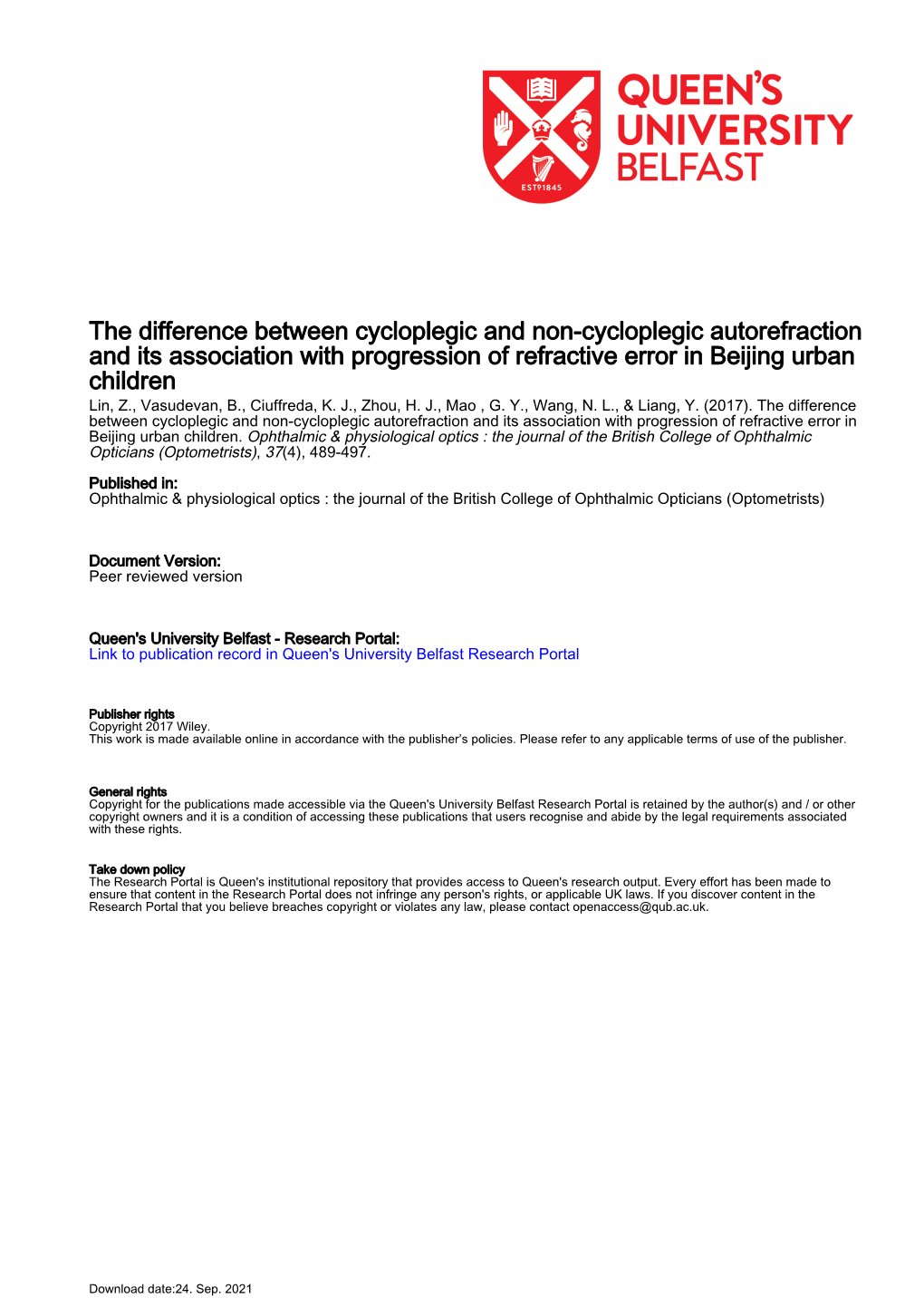 The Difference Between Cycloplegic and Non-Cycloplegic Autorefraction and Its Association with Progression of Refractive Error I