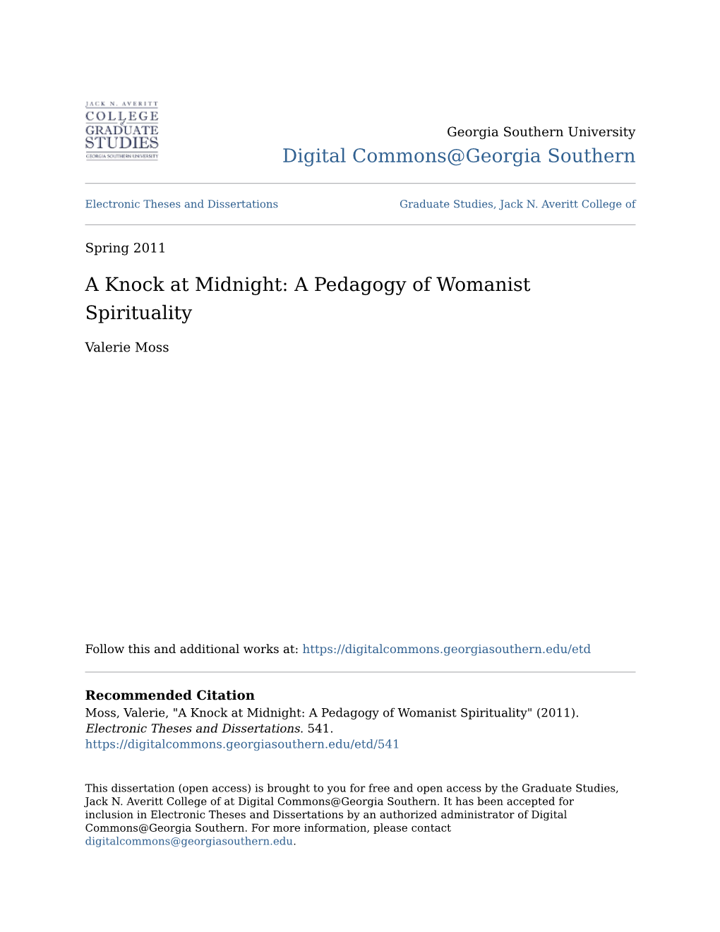 A Knock at Midnight: a Pedagogy of Womanist Spirituality