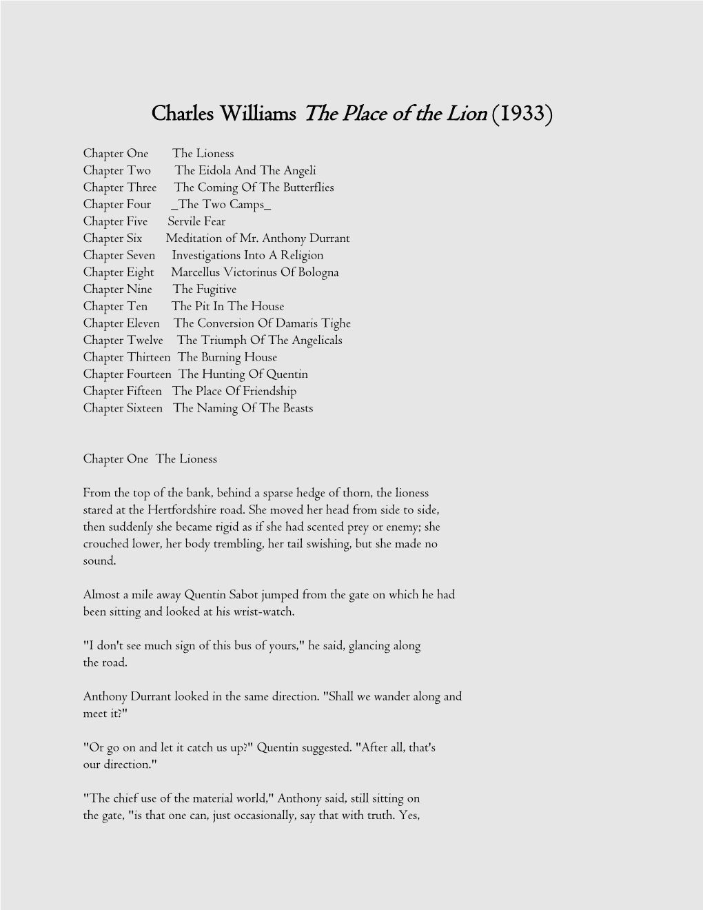 Charles Williams the Place of the Lion (1933)