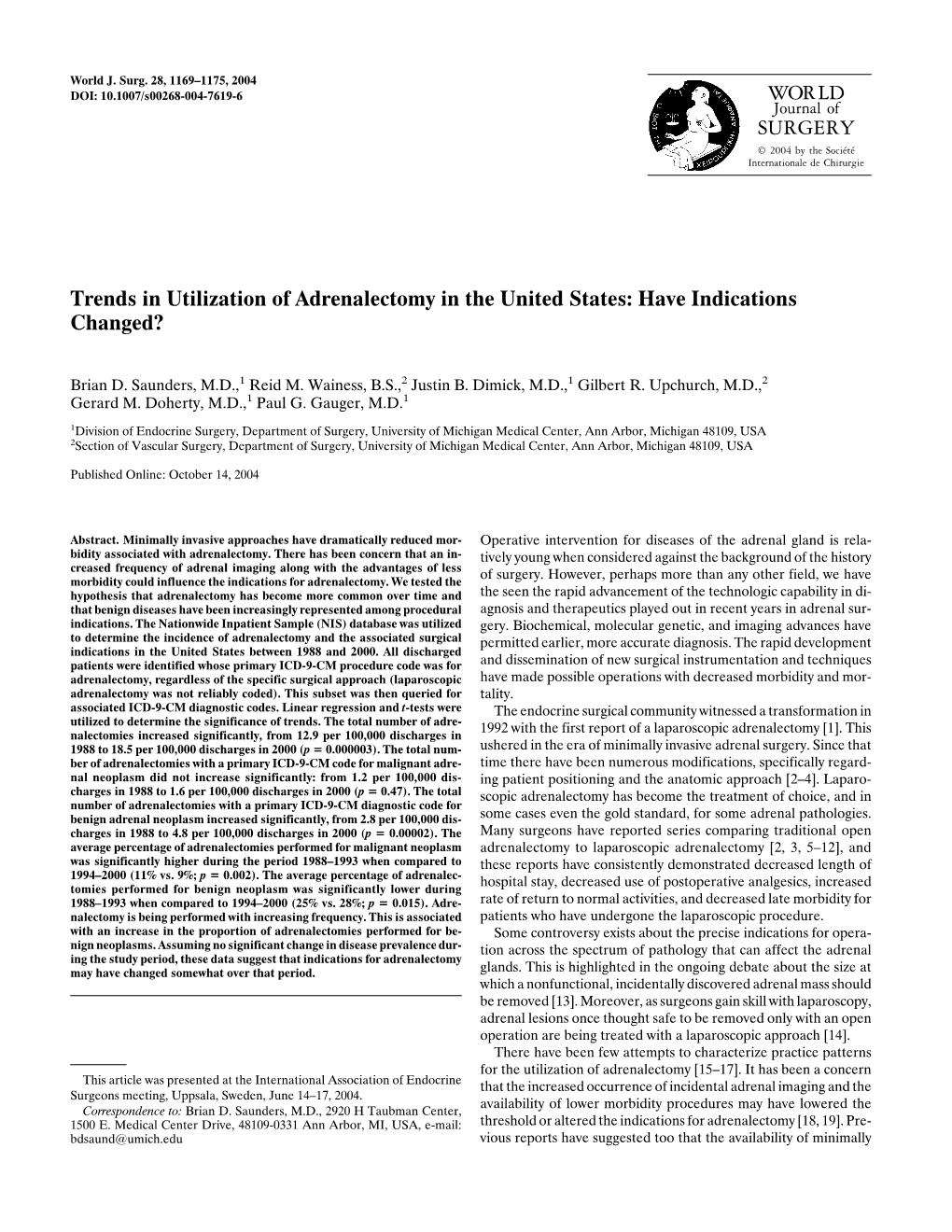 Trends in Utilization of Adrenalectomy in the United States: Have Indications Changed?