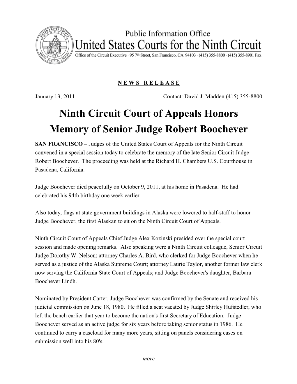Ninth Circuit Court of Appeals Honors Memory of Senior Judge Robert Boochever