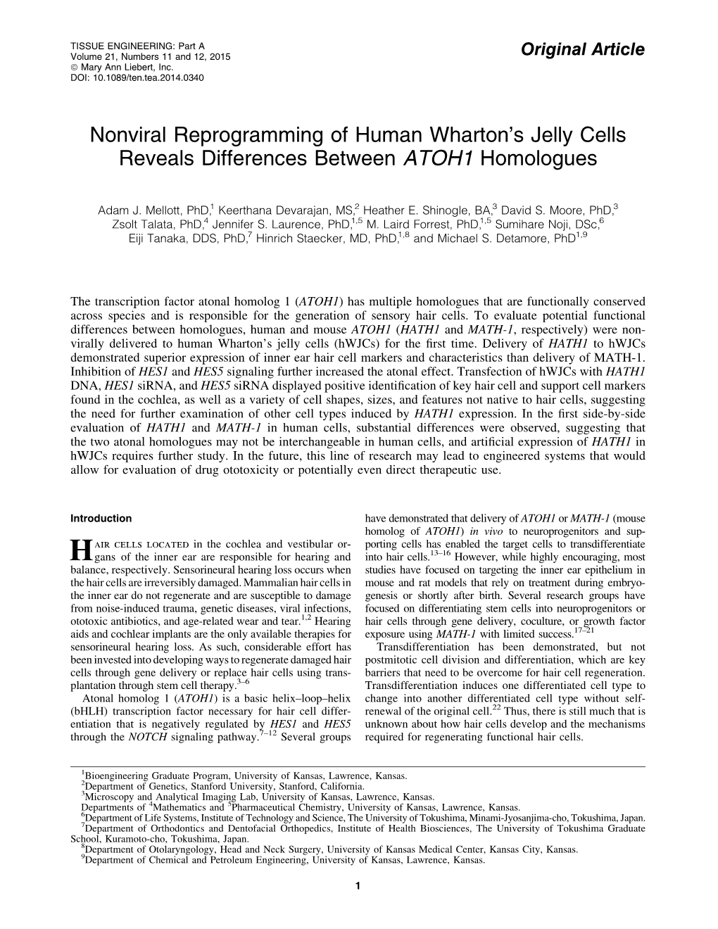 Nonviral Reprogramming of Human Wharton's Jelly Cells Reveals Differences Between ATOH1 Homologues