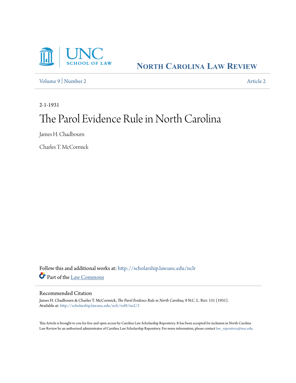 The Parol Evidence Rule in North Carolina, 9 N.C