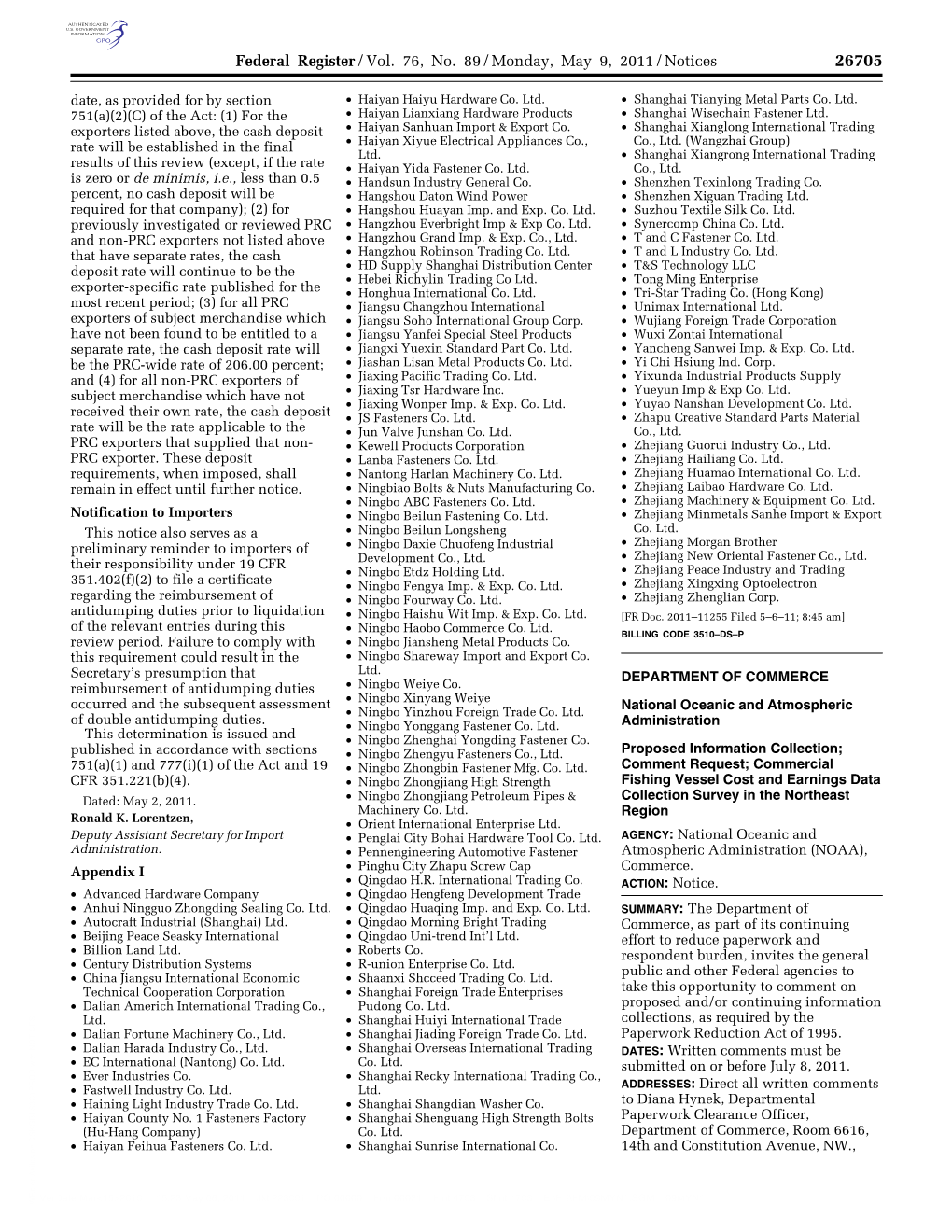 Federal Register/Vol. 76, No. 89/Monday, May 9, 2011/Notices