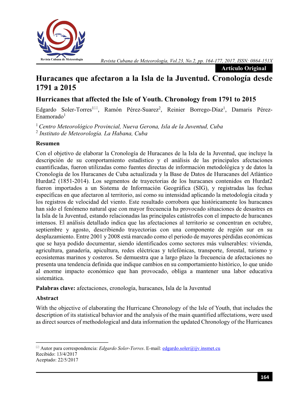 Huracanes Que Afectaron a La Isla De La Juventud. Cronología Desde 1791 a 2015 Hurricanes That Affected the Isle of Youth