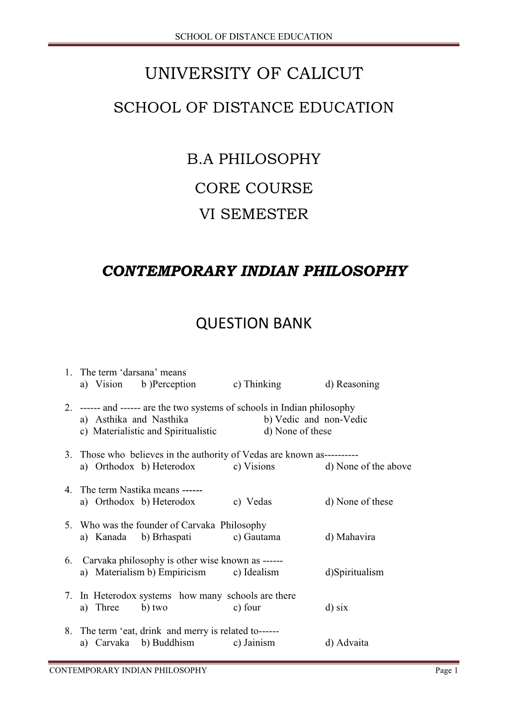 School of Distance Education Ba Philosophy Core Course Vi Semester Contemporary Indian Philosophy