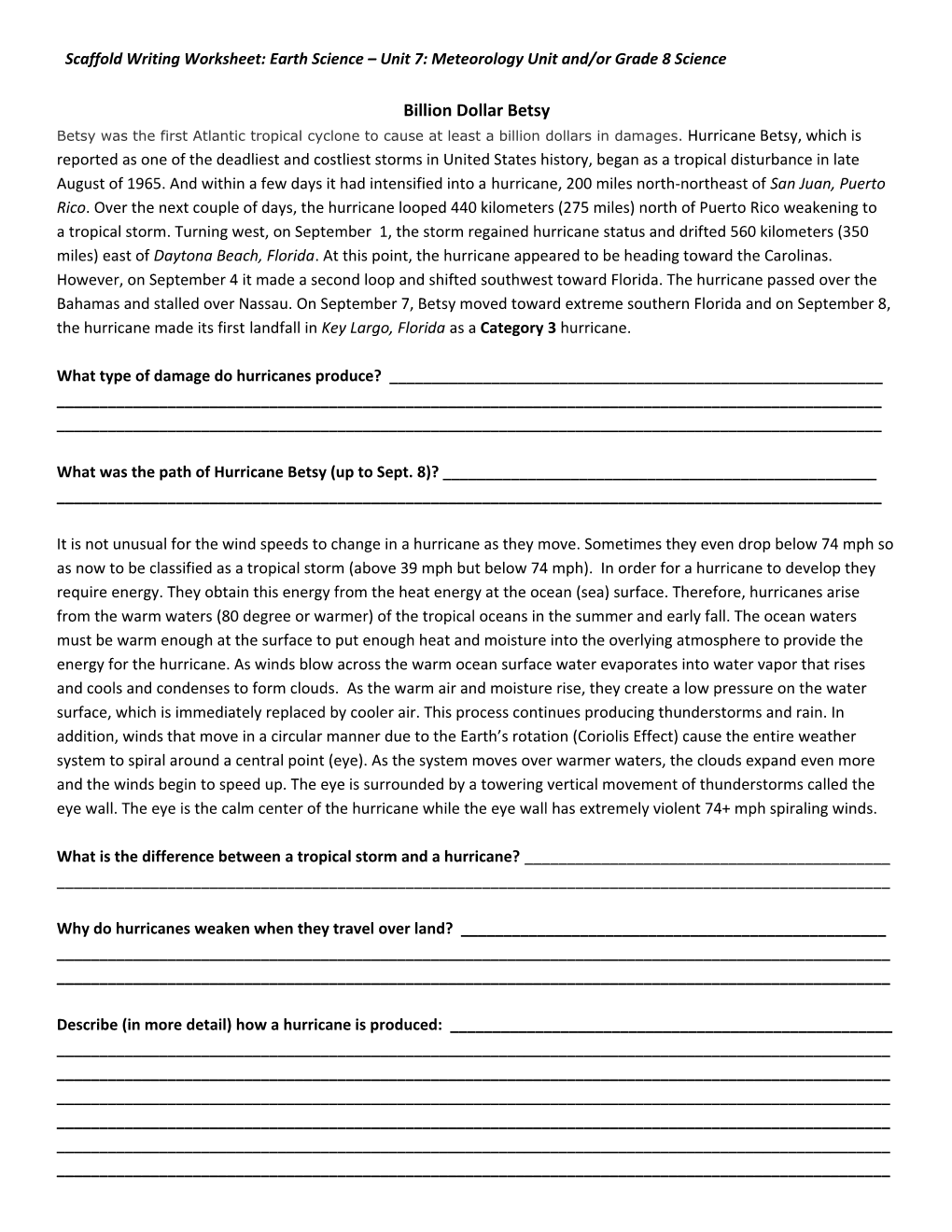 Scaffold Writing Worksheet: Earth Science Unit 7: Meteorology Unit And/Or Grade 8 Science