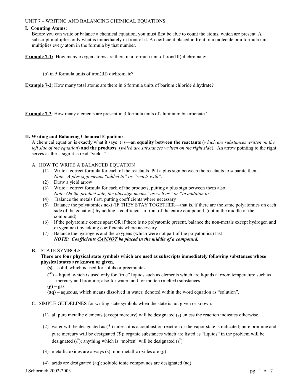 Unit 7 Writing and Balancing Chemical Equations