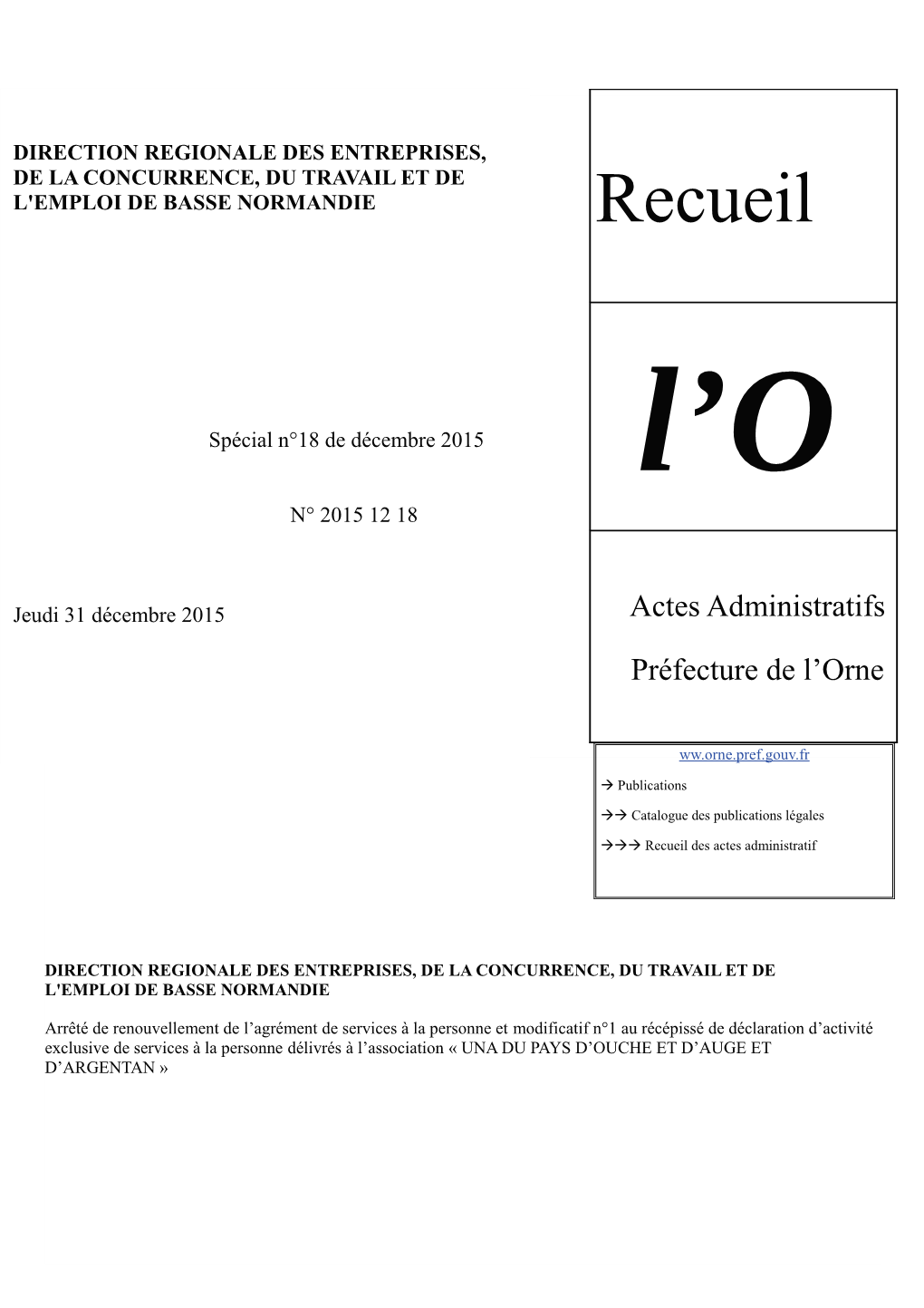 Recueil Des Actes Administratifs De La Préfecture De L’Orne Le 16 Avril 2015