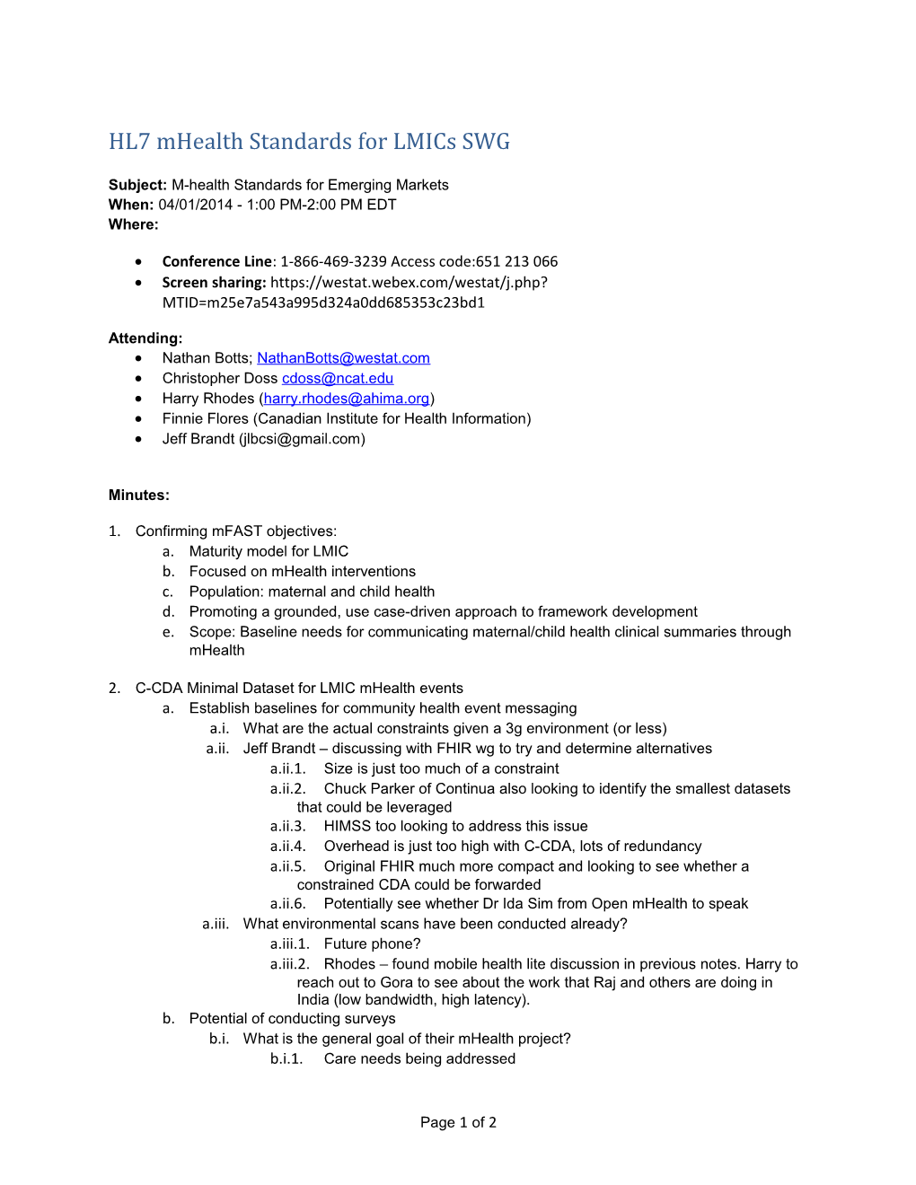 HL7 Mhealth Standards for Lmics SWG