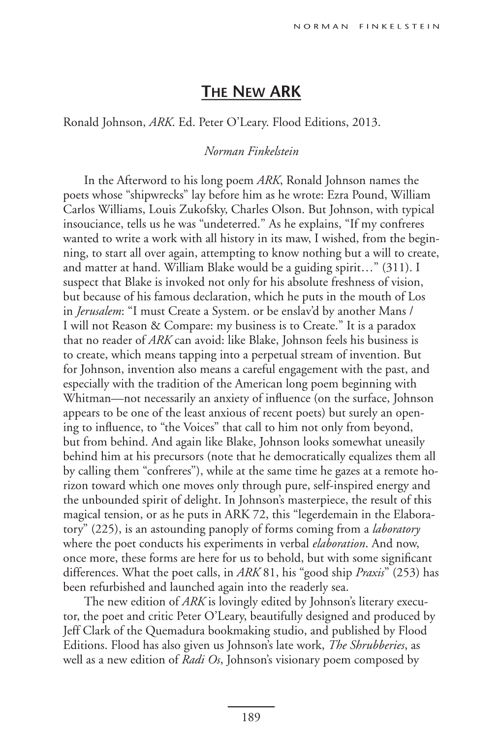 189 the New ARK Ronald Johnson, ARK. Ed. Peter O'leary. Flood