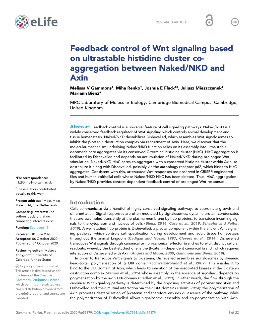 Feedback Control of Wnt Signaling Based on Ultrastable Histidine