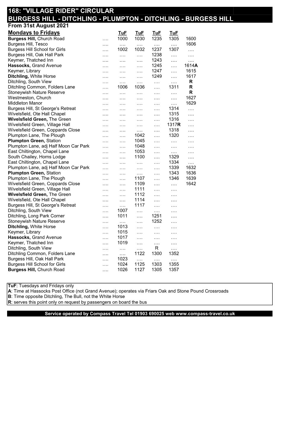 BURGESS HILL - DITCHLING - PLUMPTON - DITCHLING - BURGESS HILL from 31St August 2021 Mondays to Fridays Tuf Tuf Tuf Tuf Burgess Hill, Church Road …