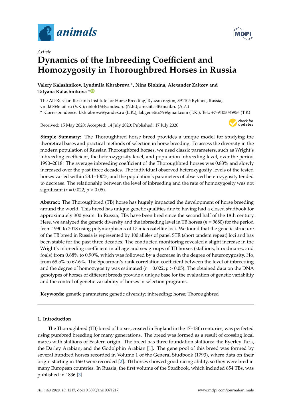 Dynamics of the Inbreeding Coefficient and Homozygosity in Thoroughbred Horses in Russia